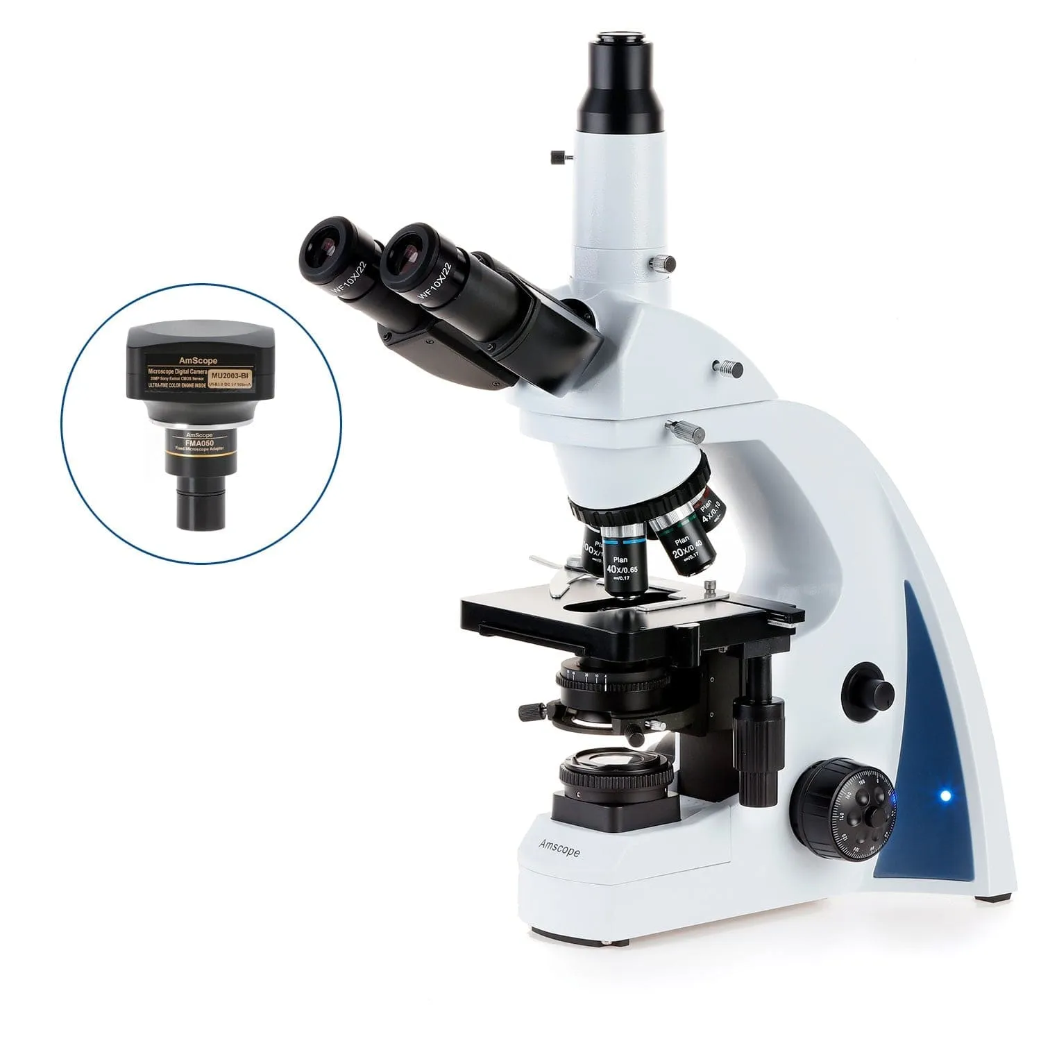 AmScope T670 Series Trinocular Compound Microscope with Koehler LED, Plan Achromatic Objectives and Optional Camera