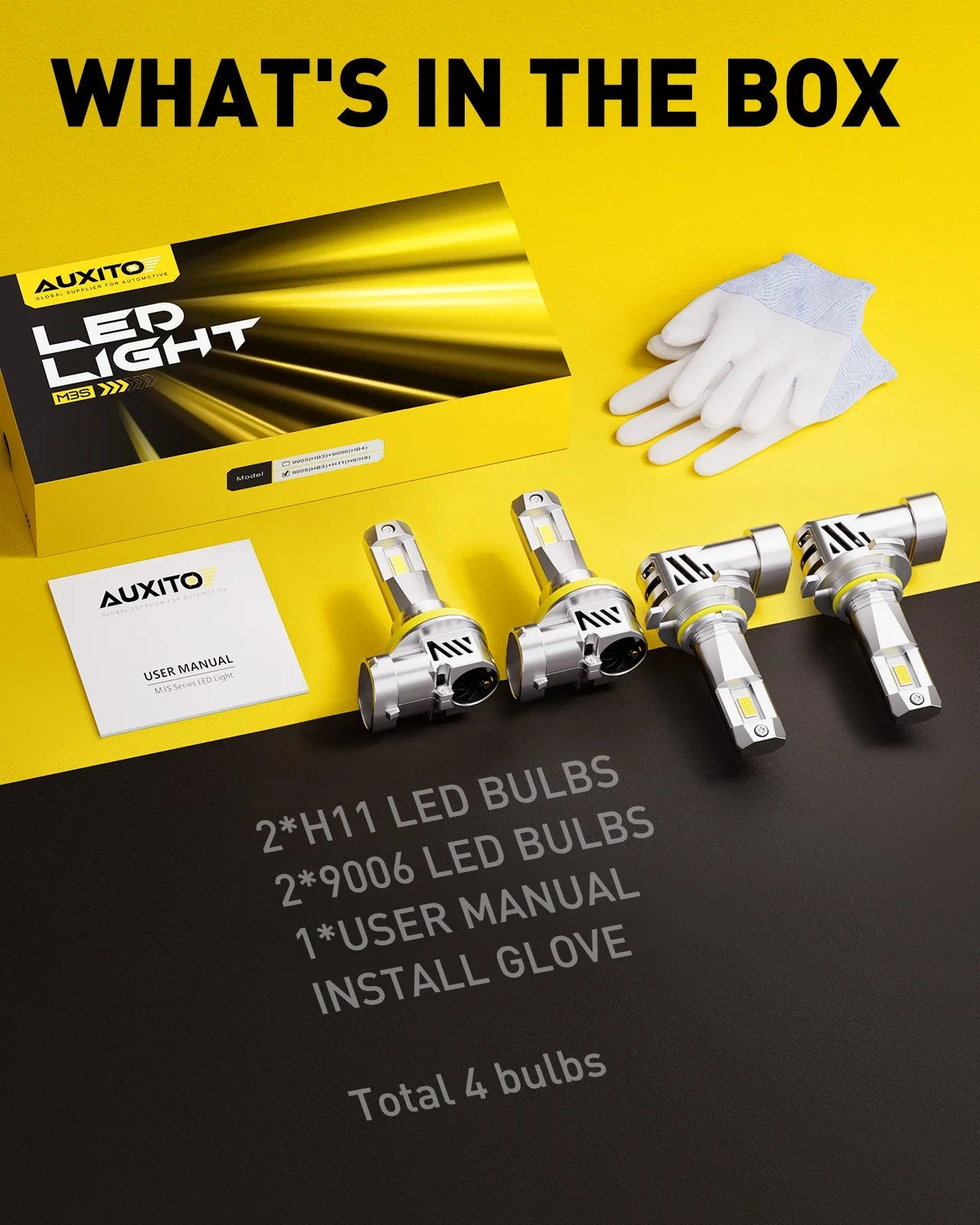 AUXITO 9005/HB3 & H11/H8/H9 LED Bulbs Combo 2024 M3S Upgrade, 800% Brighter 6500K Cool White, Compact 1:1 Size, Plug-and-Play