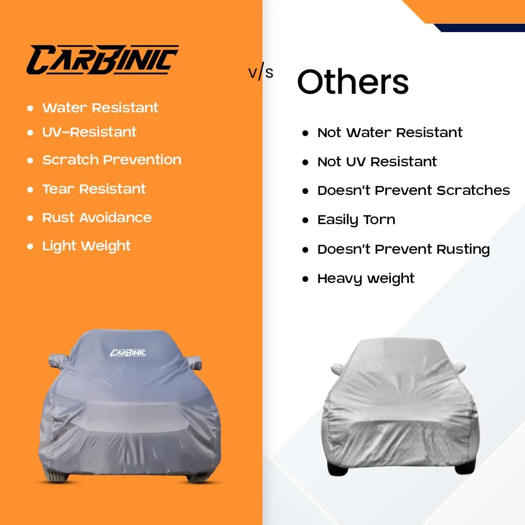 CARBINIC Car Body Cover for KIA Seltos 2019 | Water Resistant, UV Protection Car Cover | Scratchproof Body Shield | Dustproof All-Weather Cover | Mirror Pocket & Antenna | Car Accessories, Grey