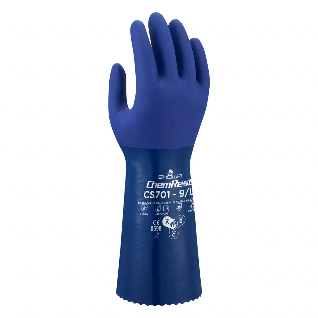 Chemical Resistant Gloves - SHOWA Blue Double-Dipped Nitrile Coating Seamless Liner, 14", CS701