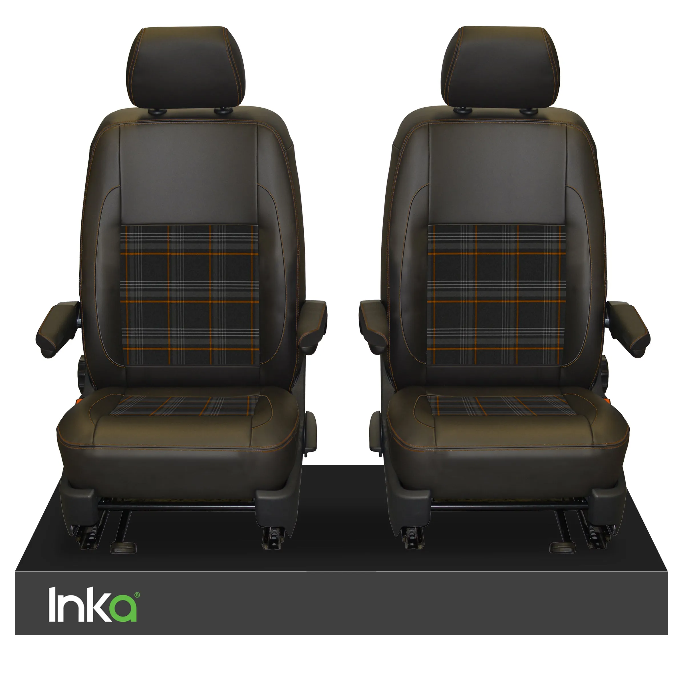 INKA Tailored VW Transporter T6, T6.1 & T5.1 Front Seat Covers Black 1 1 Matt Leatherette with coloured GTi Tartan Centres Fits Panel Van & Kombi