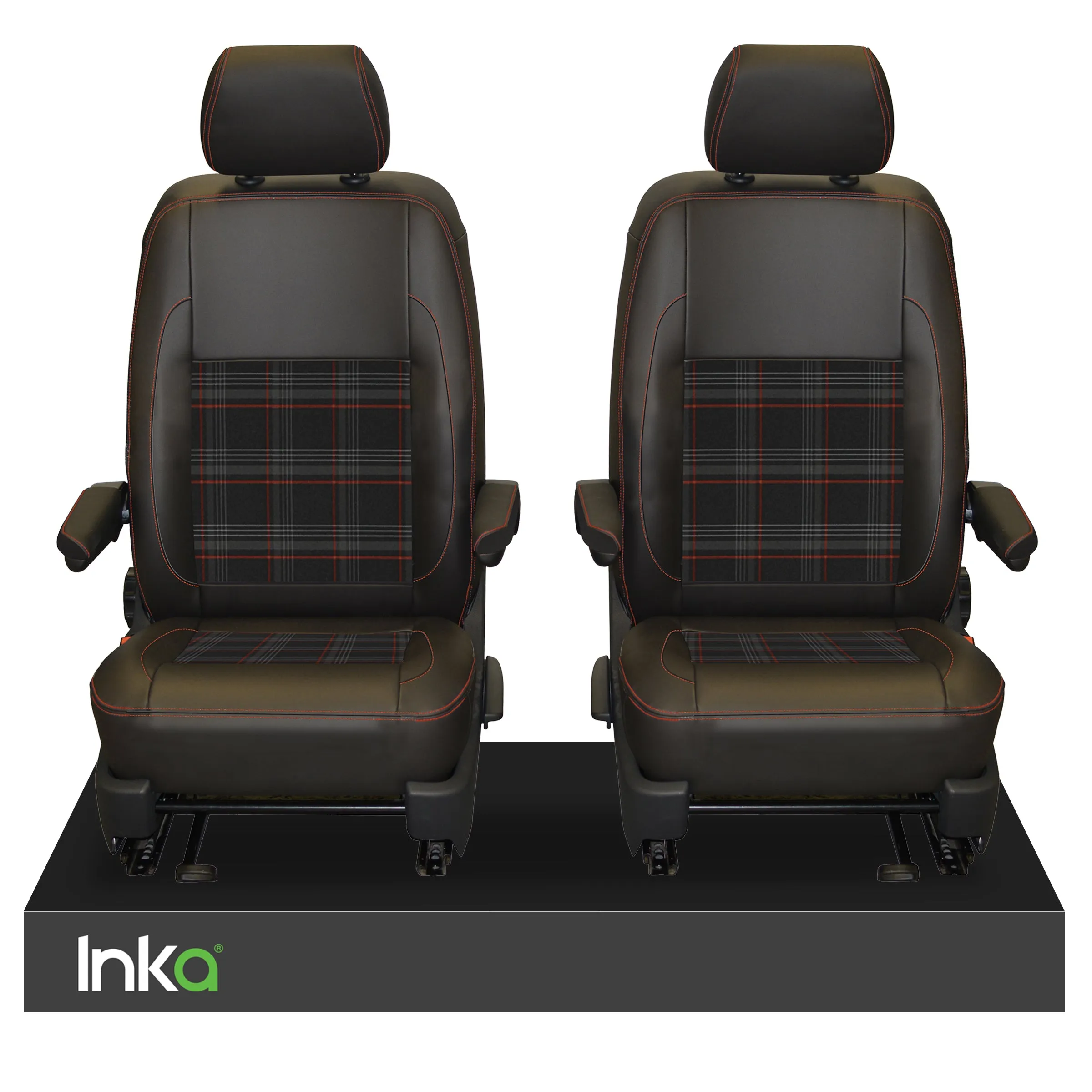 INKA Tailored VW Transporter T6, T6.1 & T5.1 Front Seat Covers Black 1 1 Matt Leatherette with coloured GTi Tartan Centres Fits Panel Van & Kombi