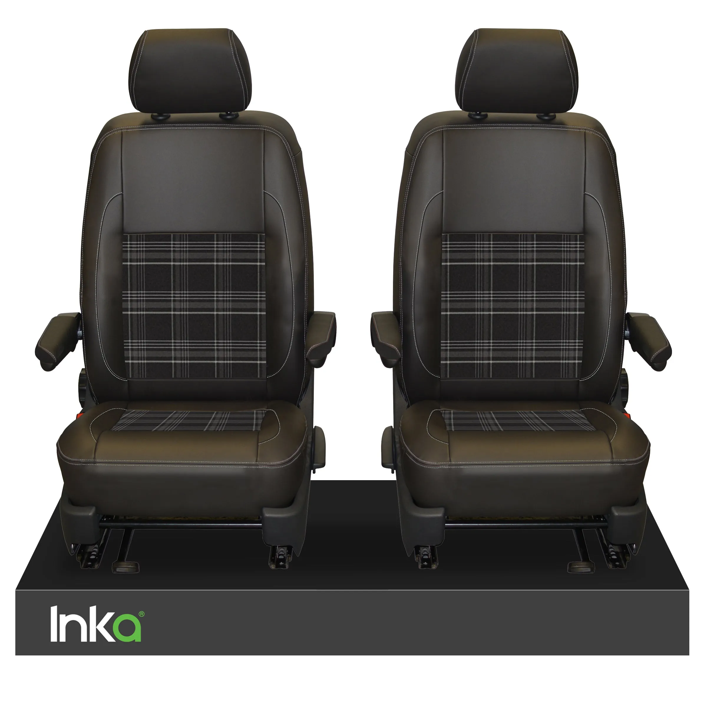 INKA Tailored VW Transporter T6, T6.1 & T5.1 Front Seat Covers Black 1 1 Matt Leatherette with coloured GTi Tartan Centres Fits Panel Van & Kombi