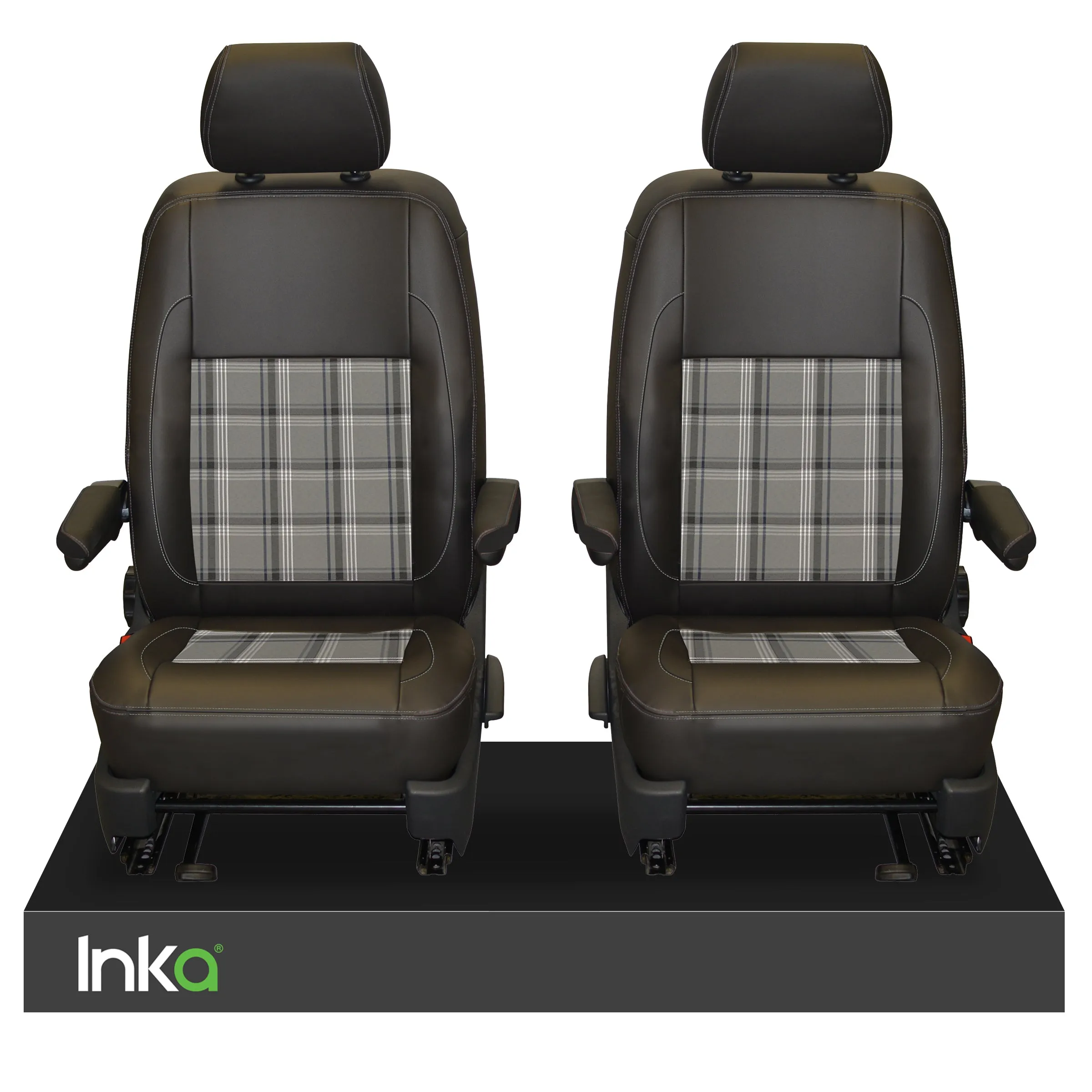 INKA Tailored VW Transporter T6, T6.1 & T5.1 Front Seat Covers Black 1 1 Matt Leatherette with coloured GTi Tartan Centres Fits Panel Van & Kombi