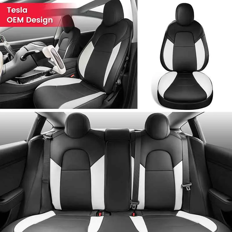 TAPTES® Rear Seat Covers for Tesla Model 3, Black & White Litchi  Leather Seat Covers for Model 3