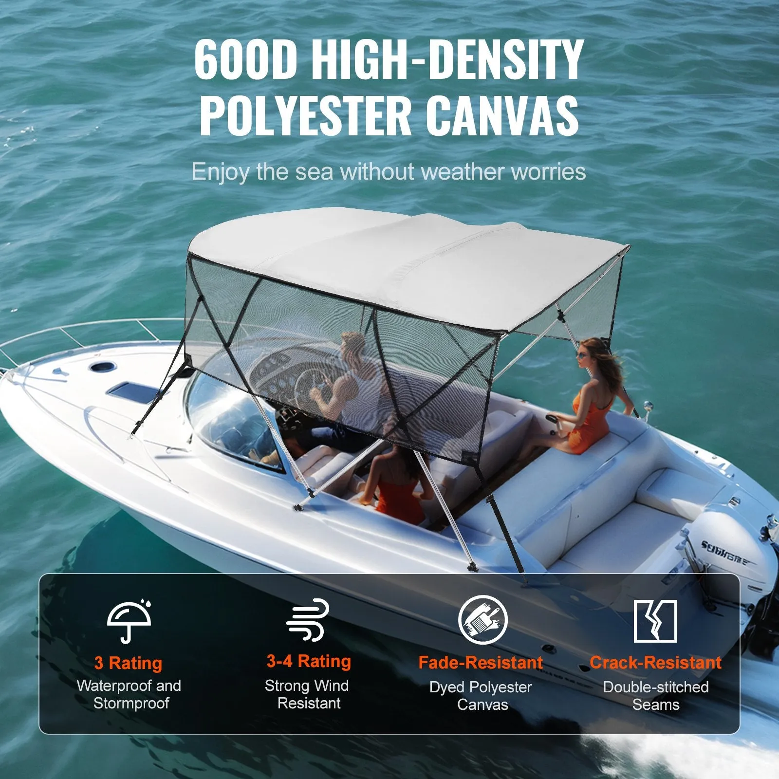 Vevor 4 Bow Bimini Top Boat Cover 600D 8' x 85"-90" x 54" Detachable Mesh Sidewalls Aluminum Frame New