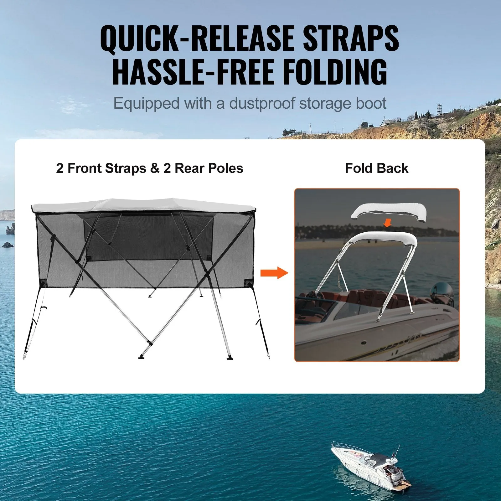 Vevor 4 Bow Bimini Top Boat Cover 600D 8' x 85"-90" x 54" Detachable Mesh Sidewalls Aluminum Frame New