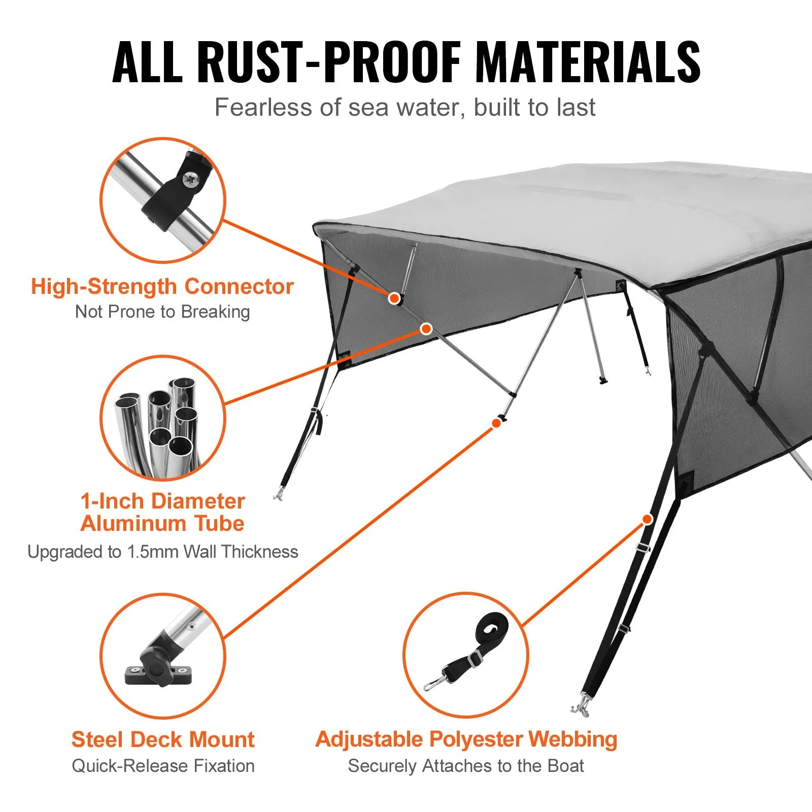 Vevor 4 Bow Bimini Top Boat Cover 600D 8' x 85"-90" x 54" Detachable Mesh Sidewalls Aluminum Frame New