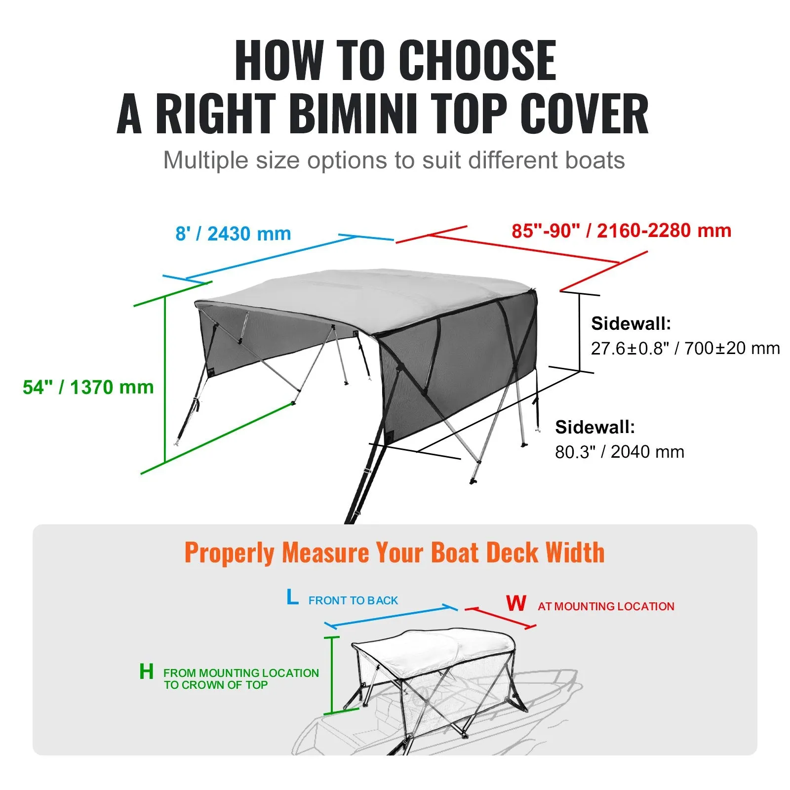 Vevor 4 Bow Bimini Top Boat Cover 600D 8' x 85"-90" x 54" Detachable Mesh Sidewalls Aluminum Frame New