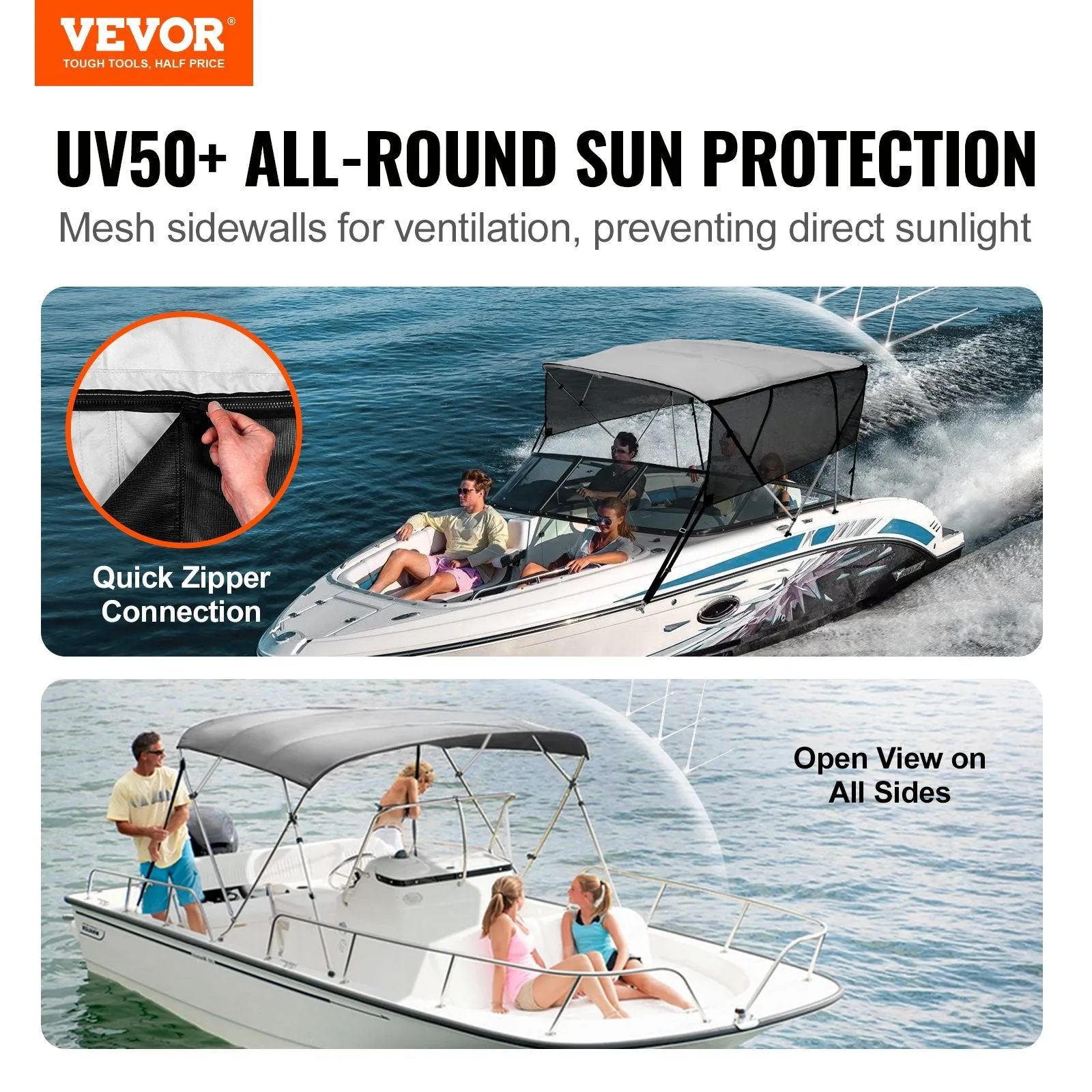 Vevor 4 Bow Bimini Top Boat Cover 600D 8' x 85"-90" x 54" Detachable Mesh Sidewalls Aluminum Frame New