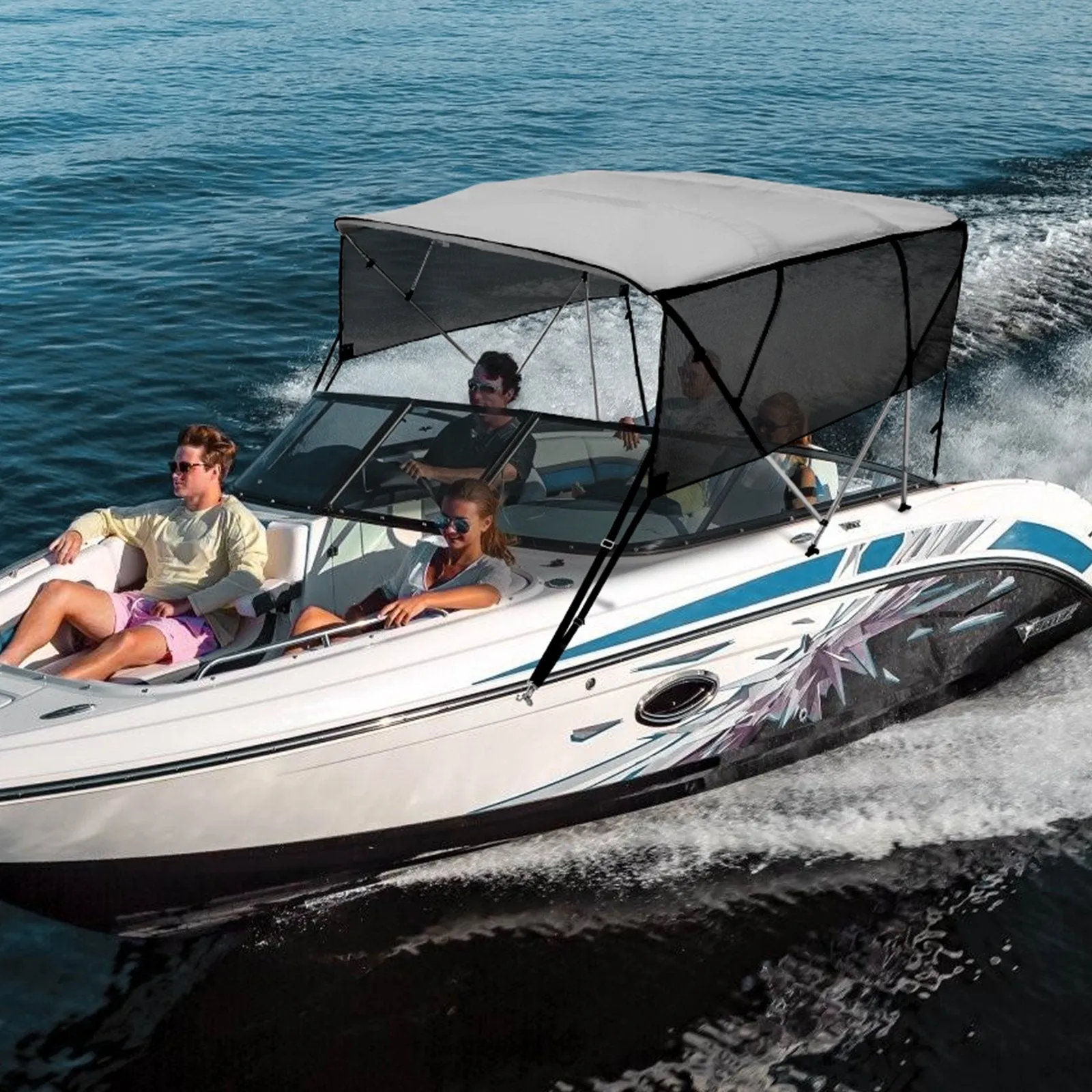 Vevor 4 Bow Bimini Top Boat Cover 600D 8' x 85"-90" x 54" Detachable Mesh Sidewalls Aluminum Frame New