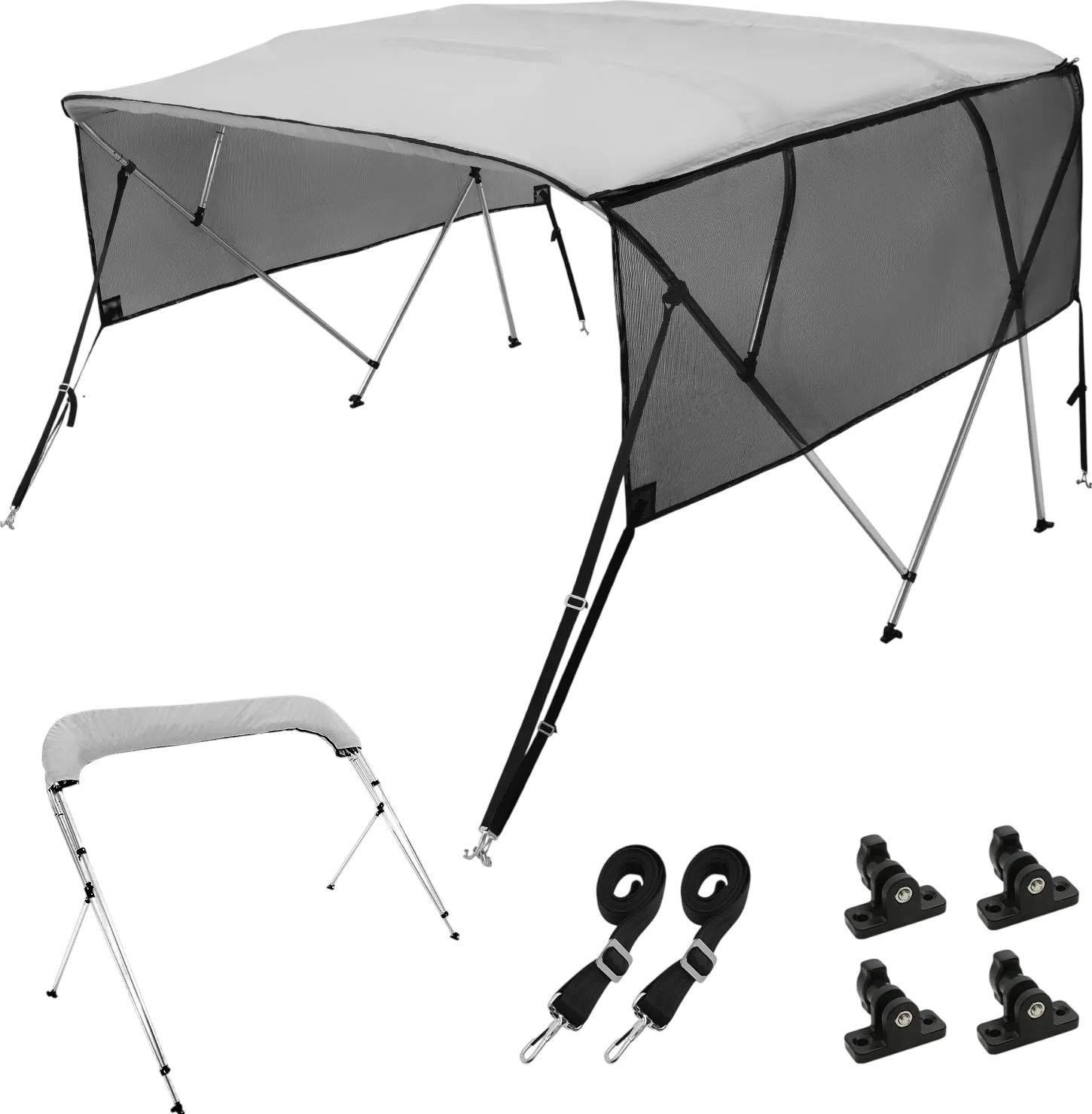 Vevor 4 Bow Bimini Top Boat Cover 600D 8' x 85"-90" x 54" Detachable Mesh Sidewalls Aluminum Frame New